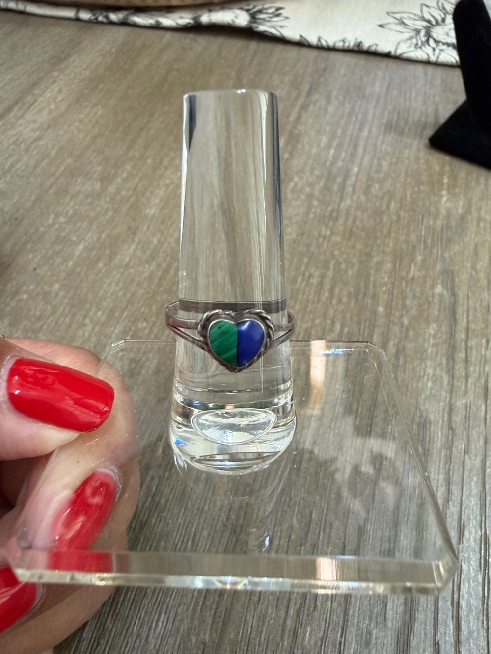 Sterling Silver Ring featuring a split heart of green malachite and blue lapis.